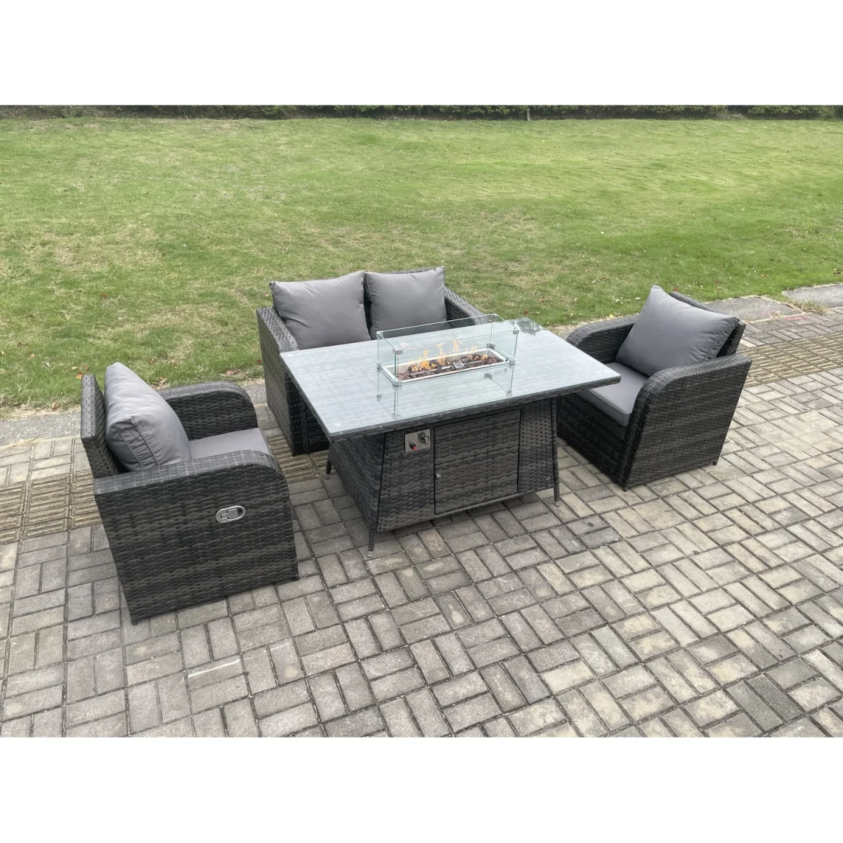 Fimous Rattan Outdoor Sofa Set with Gas Fire Pit Table, 2 Reclining Chairs & Love Sofa. - Dark Grey – image 2