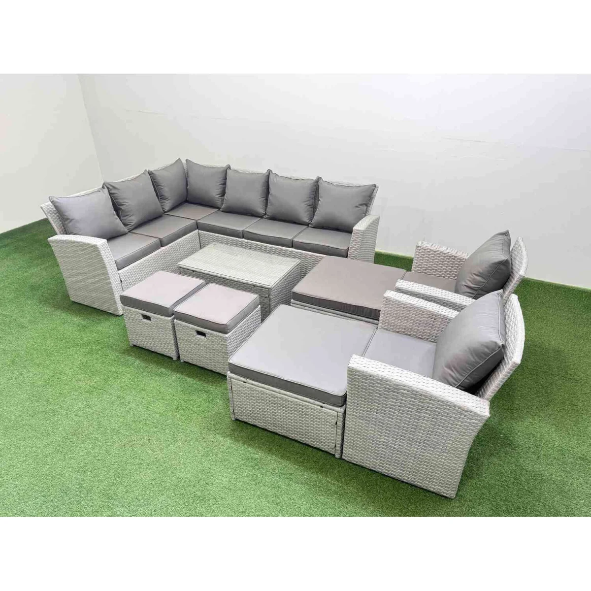 Fimous Modular 12-Seater PE Rattan Outdoor Sofa Set with 4 Footstools and 2 Chairs Light Grey Mixed - Light Grey Mixed – image 4