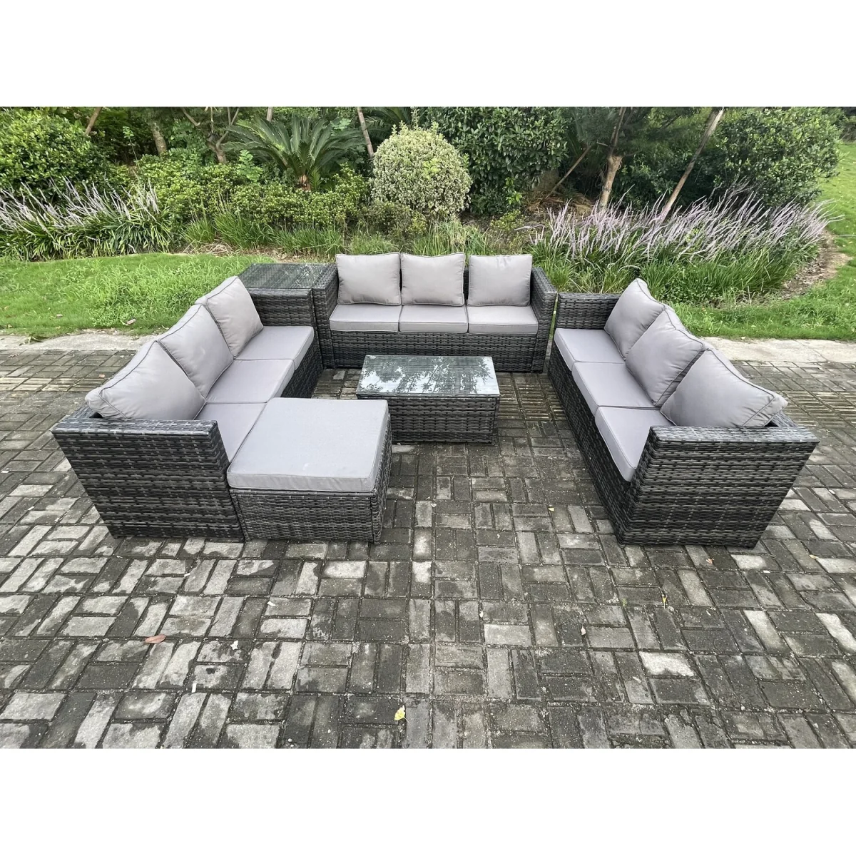 Fimous 10-Seater Outdoor Lounge Sofa Set - PE Rattan, Tempered Glass & Steel Frame. - Dark Grey Mixed – image 2