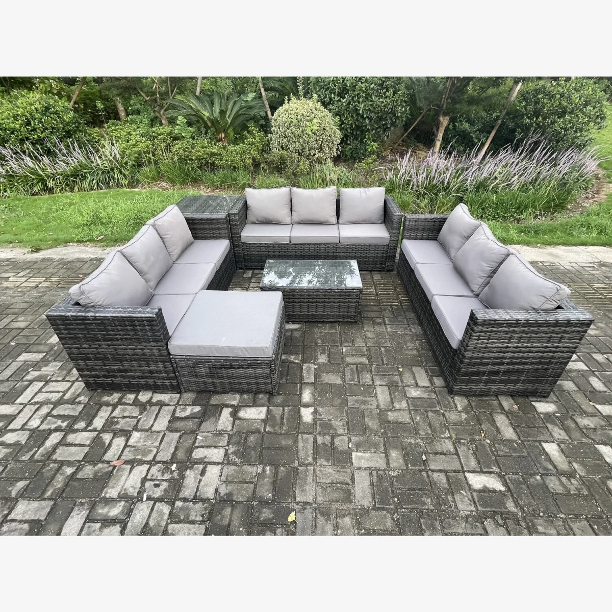 Fimous 10-Seater Outdoor Lounge Sofa Set - PE Rattan, Tempered Glass & Steel Frame. - Dark Grey Mixed – image 1