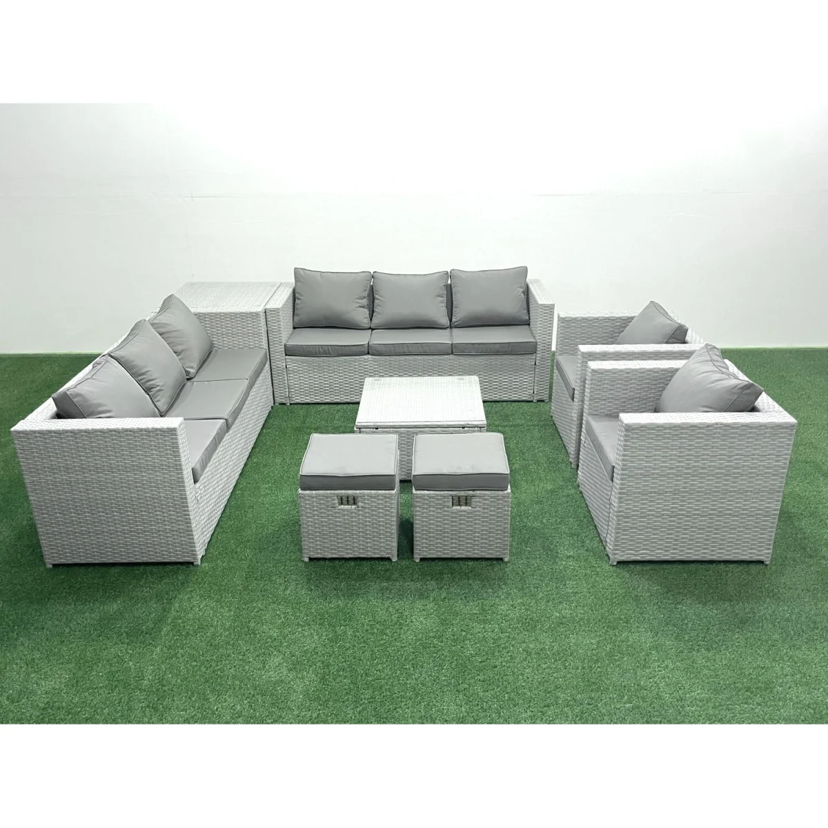 Fimous Outdoor Rattan Sofa Set with 2 Armchairs, Coffee & Side Tables Light Grey - Light grey mixed rattan with dark grey fabric – image 3