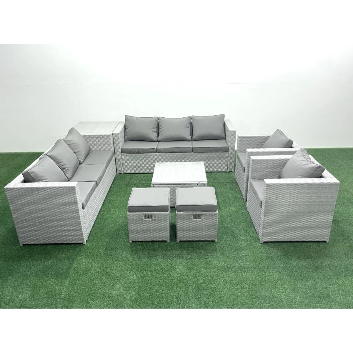 Fimous Outdoor Rattan Sofa Set with 2 Armchairs, Coffee & Side Tables Light Grey - Light grey mixed rattan with dark grey fabric – image 1