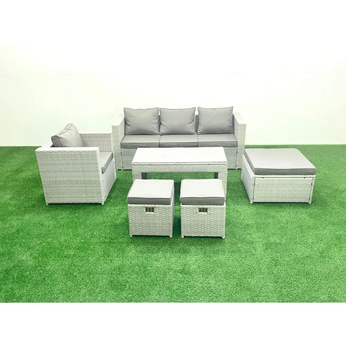 Fimous 6-Piece Light Grey Rattan Garden Sofa Set with Oblong Coffee Table - Light Grey Mixed – image 5
