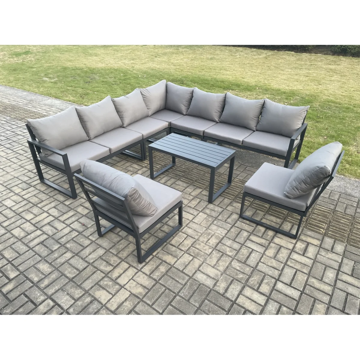 Fimous Aluminium 9 Seater Patio Outdoor Garden Corner Sofa Set with Oblong Coffee Table, Dark Grey. - Dark Grey – image 3