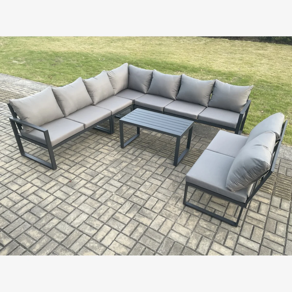 Fimous Aluminium 9 Seater Patio Outdoor Garden Corner Sofa Set with Oblong Coffee Table, Dark Grey. - Dark Grey – image 1