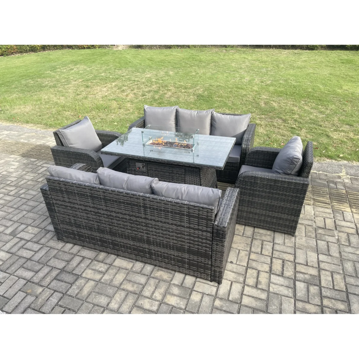 Fimous 8-Seater Rattan Outdoor Sofa Set with Gas Fire Pit Table. - Dark Grey – image 2