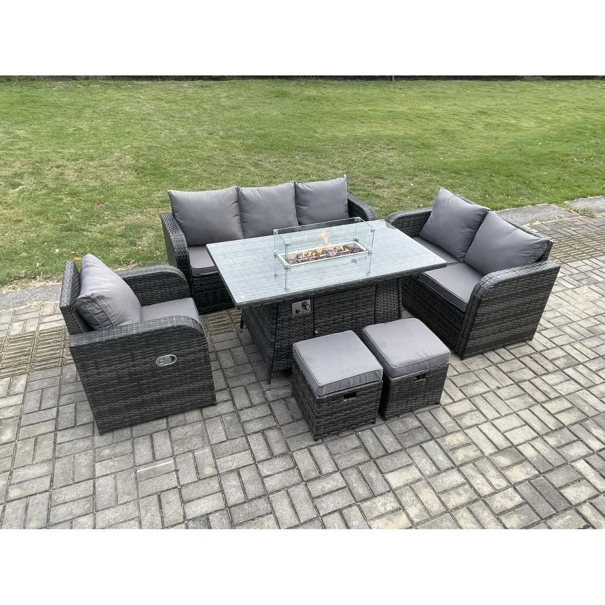 Fimous Wicker Rattan 8-Seater Outdoor Lounge Sofa Set with Fire Pit Table, Dark Grey Mixed. - Dark Grey – image 2