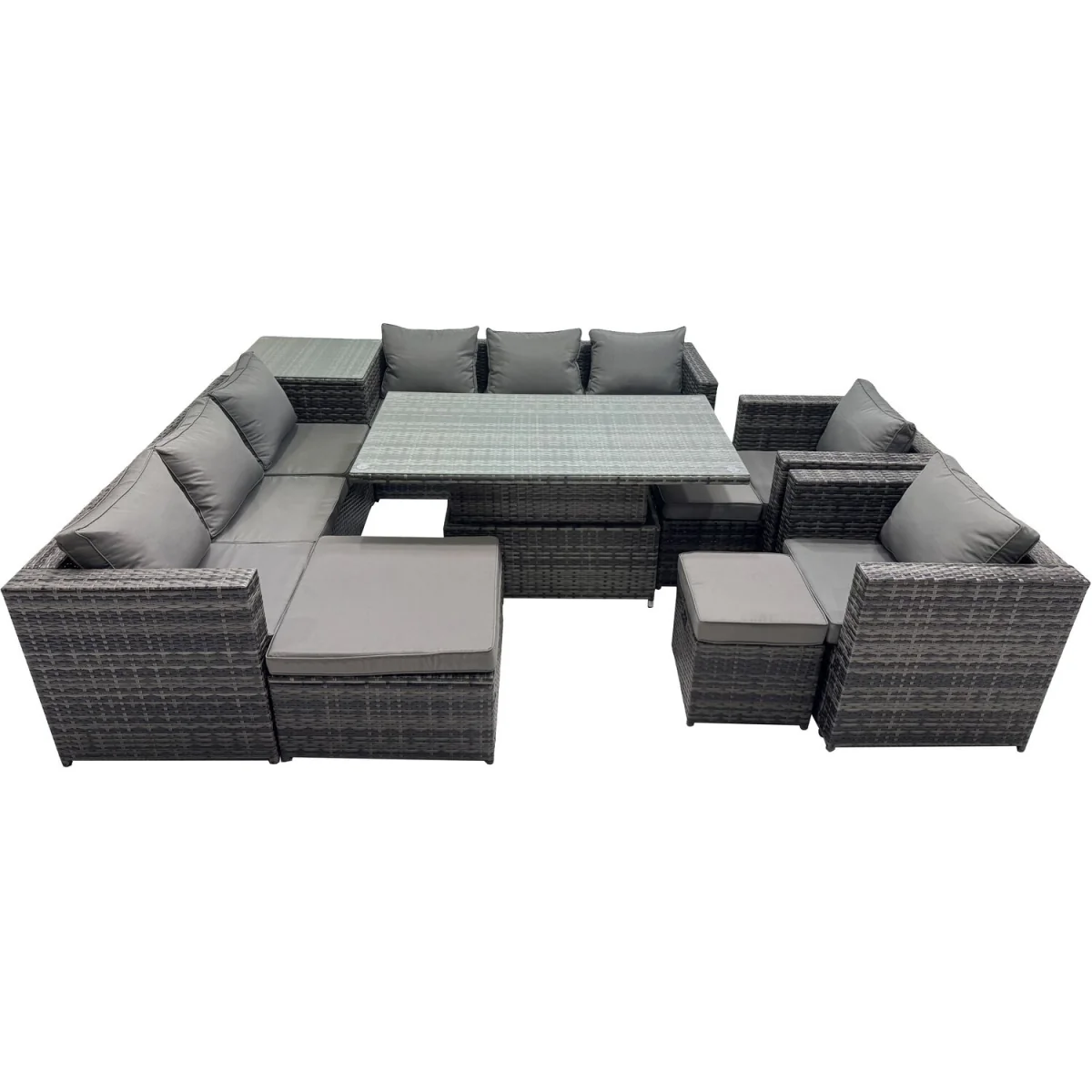 Fimous 11-Seater Outdoor Rattan Corner Sofa Set with Height-Adjustable Rising Table Dark Grey - Dark grey mixed rattan with dark grey fabric – image 5