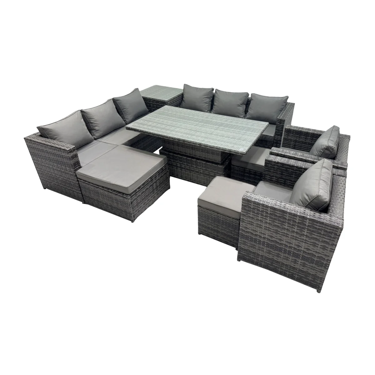 Fimous 11-Seater Outdoor Rattan Corner Sofa Set with Height-Adjustable Rising Table Dark Grey - Dark grey mixed rattan with dark grey fabric – image 1