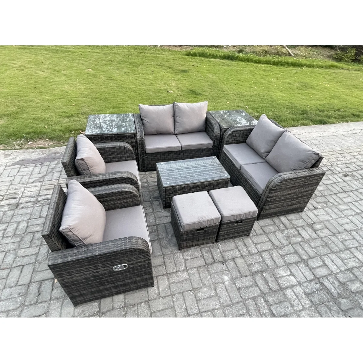 Fimous 8 Seater Rattan Garden Patio Sofa Set with Tempered Glass Table and Reclining Chairs. - Dark Grey Mixed – image 3