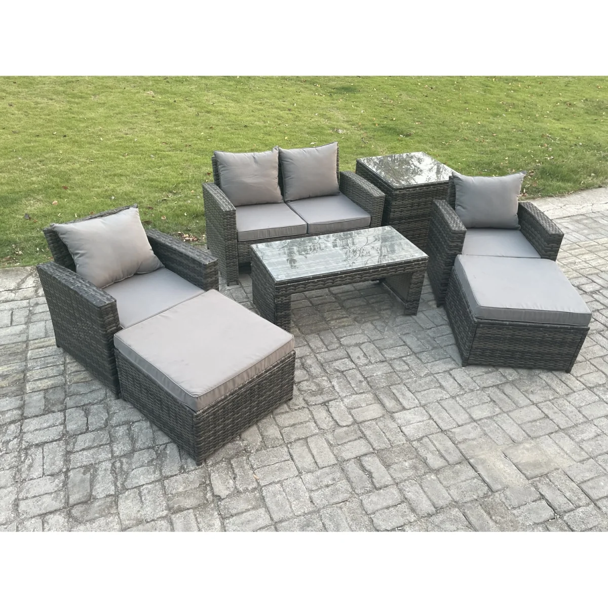 Fimous 7 PCS Outdoor Rattan Sofa Set with Tempered Glass Coffee Table Dark Grey Mixed - Dark grey mixed rattan with dark grey fabric – image 5