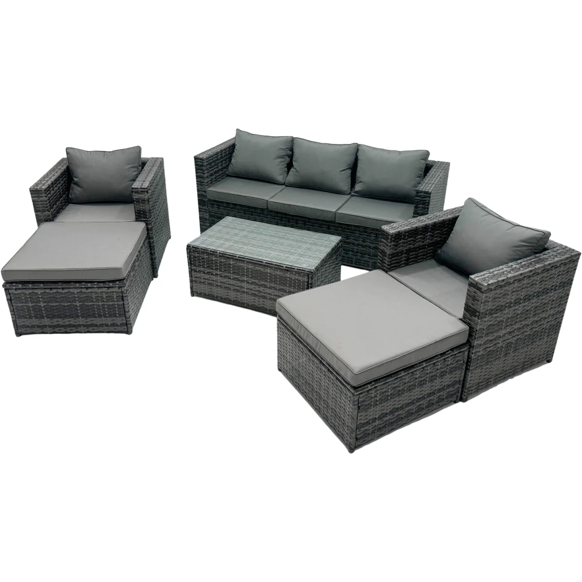 Fimous 7-Seater Rattan Garden Sofa Set with 2 Armchairs, 2 Big Footstools and Coffee Table. - Dark grey mixed rattan with dark grey fabric – image 5