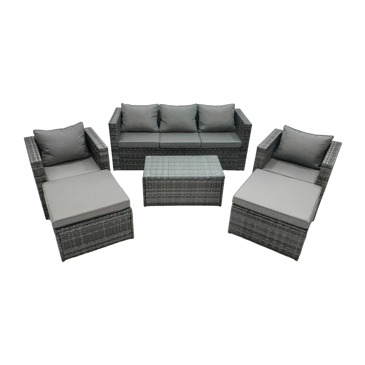 Fimous 7-Seater Rattan Garden Sofa Set with 2 Armchairs, 2 Big Footstools and Coffee Table. - Dark grey mixed rattan with dark grey fabric – image 1