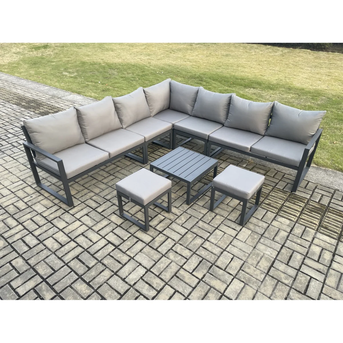 Fimous Outdoor Aluminium Corner Sofa Set with Square Coffee Table and 2 Footstools, Dark Grey. - Dark Grey – image 2