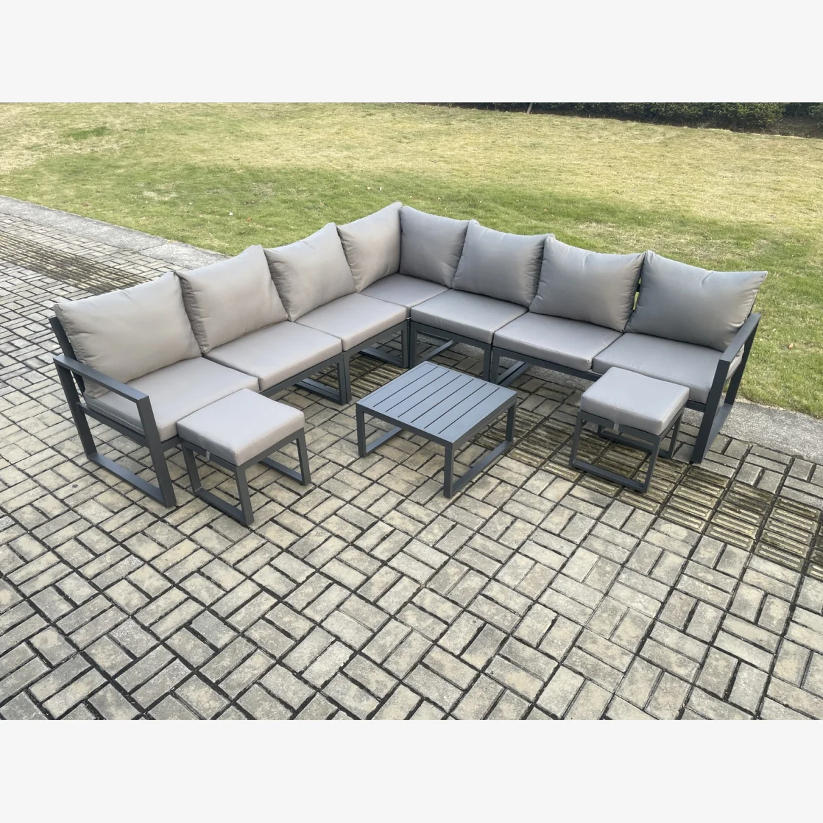 Fimous Outdoor Aluminium Corner Sofa Set with Square Coffee Table and 2 Footstools, Dark Grey. - Dark Grey – image 1