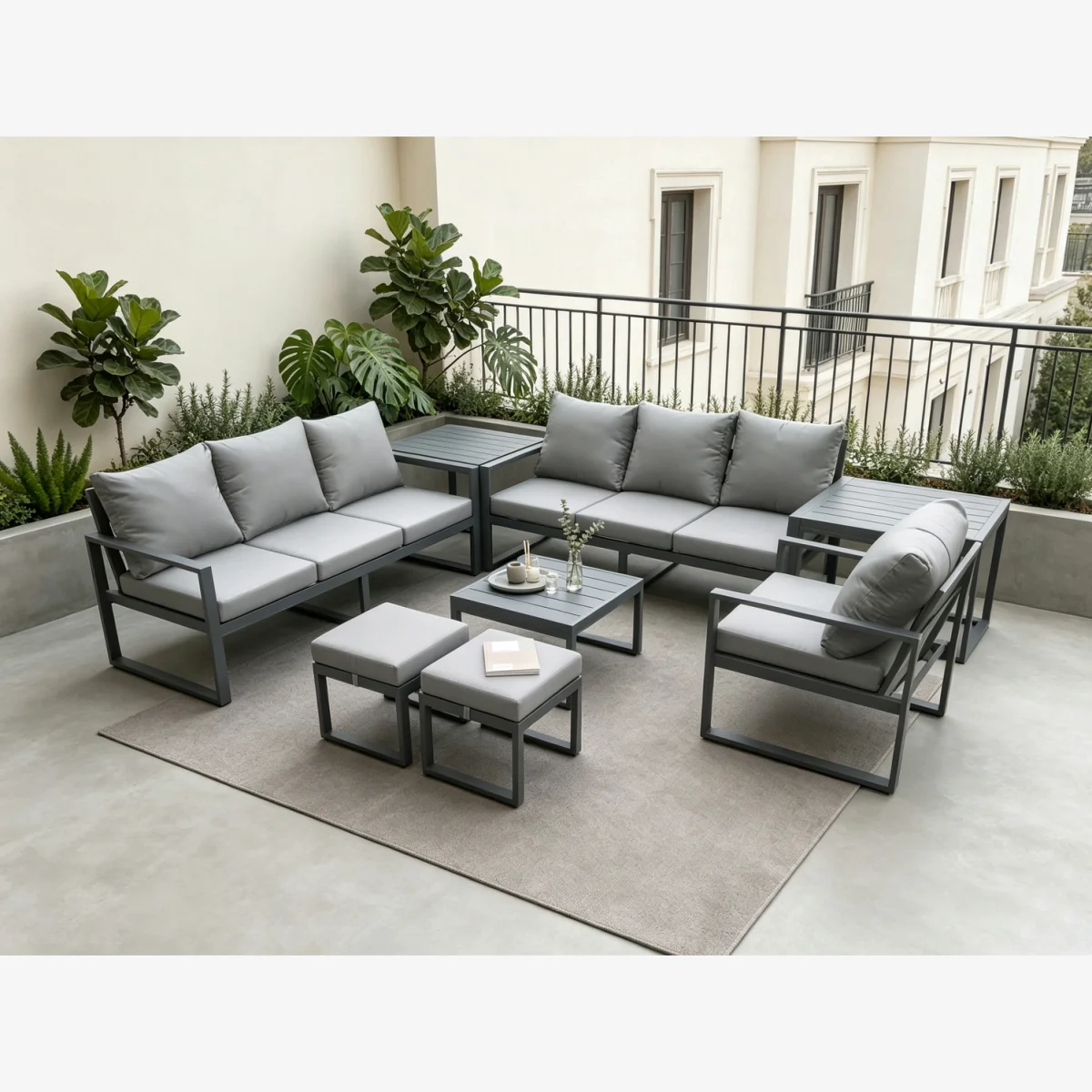 Aluminium 9 Seater Garden Furniture Lounge Sofa Set Square Coffee Table Chair 2 Stools 2 Side Table - Dark grey