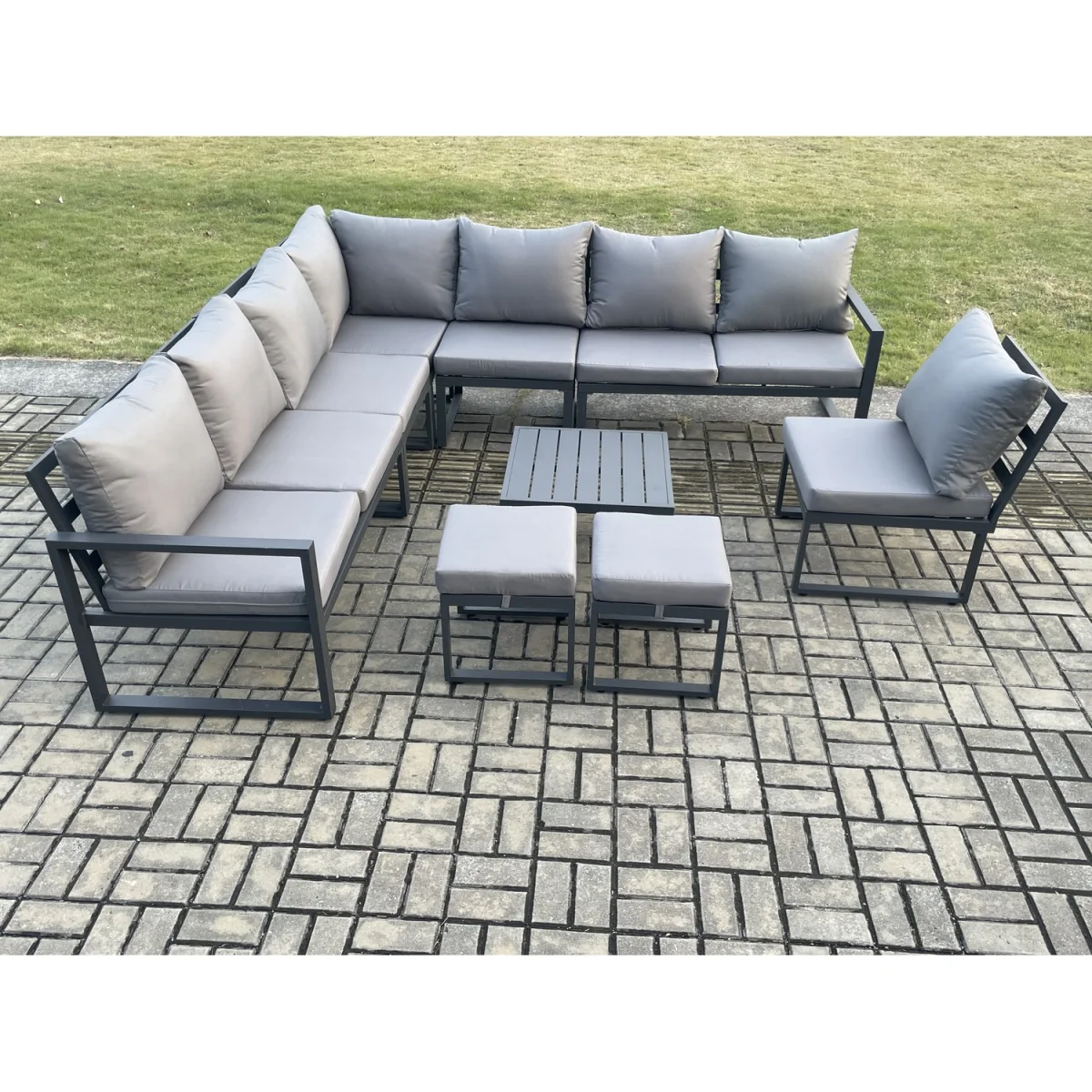 Fimous 10-Seater Aluminium Outdoor Corner Sofa Set with Square Coffee Table & 2 Stools Dark Grey - Dark Grey – image 2