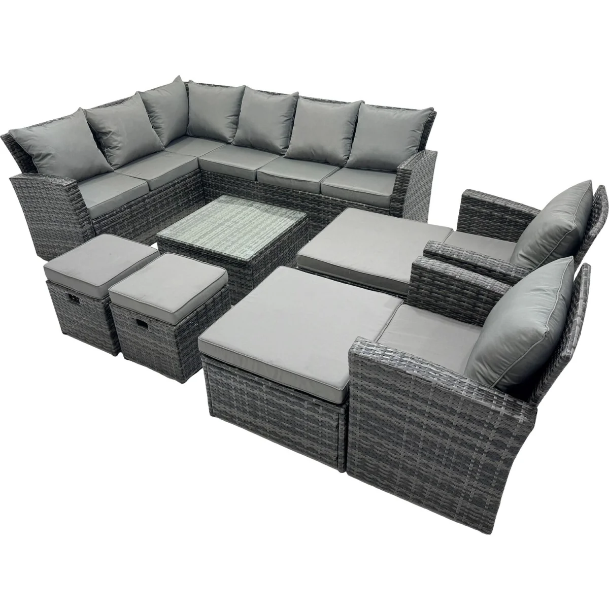 Fimous 12-Seat PE Rattan Outdoor Corner Sofa Set with Coffee Table and Stools Dark Grey Mixed - Dark Grey Mixed – image 4