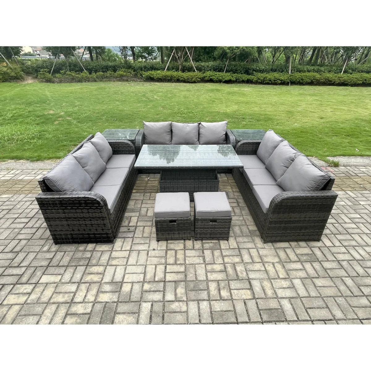 Fimous 11-Seater Outdoor Rattan Lounge Set with Lift Table - Dark Grey – image 2