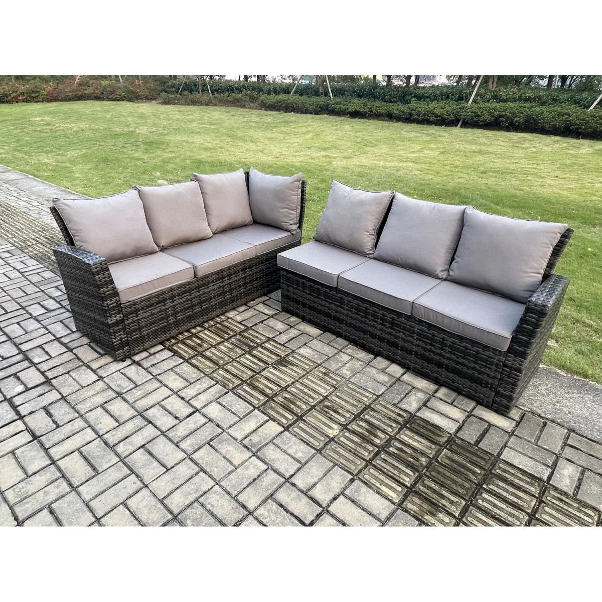 Fimous 9 Seater Garden Rattan Corner Dining and Lounge Set with Tempered Glass Table - Dark grey mixed rattan with dark grey fabric – image 3