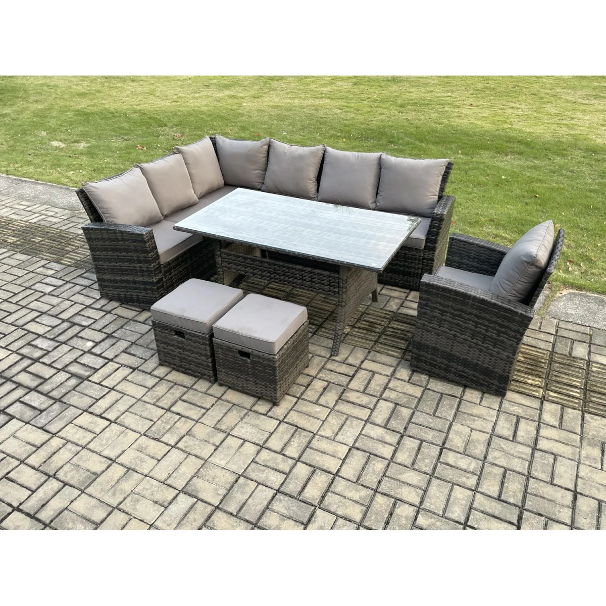 Fimous 9 Seater Garden Rattan Corner Dining and Lounge Set with Tempered Glass Table - Dark grey mixed rattan with dark grey fabric – image 5