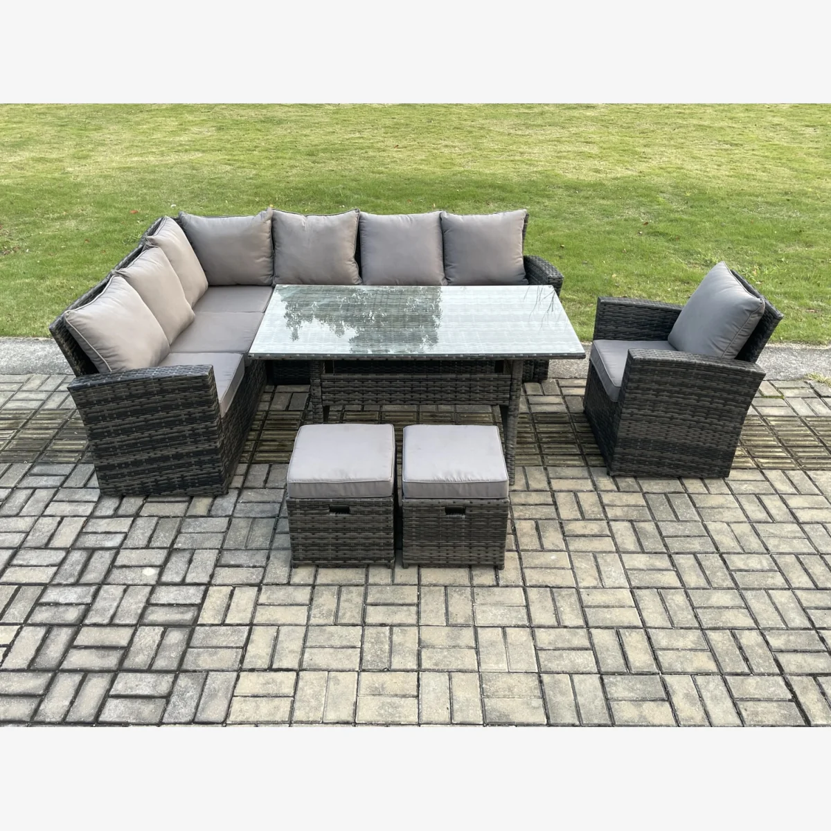 Fimous 9 Seater Garden Rattan Corner Dining and Lounge Set with Tempered Glass Table - Dark grey mixed rattan with dark grey fabric – image 1
