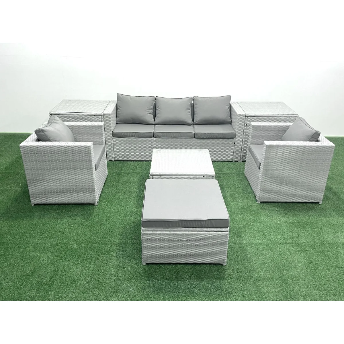 Fimous 6-Seater Rattan Garden Sofa Set, Light Grey - Light grey mixed rattan with dark grey fabric – image 2