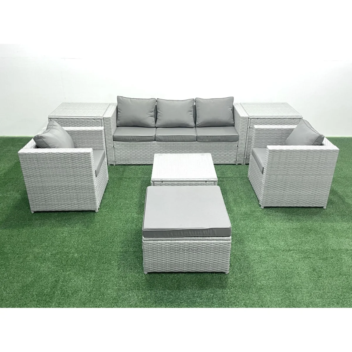 Fimous 6-Seater Rattan Garden Sofa Set, Light Grey - Light grey mixed rattan with dark grey fabric – image 1