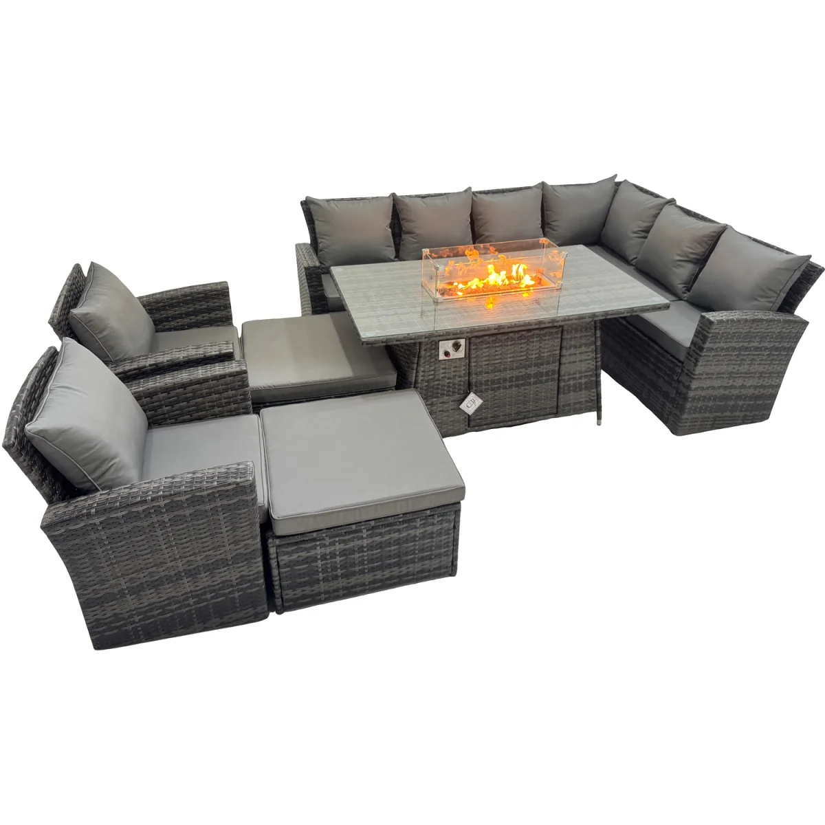 Fimous Outdoor Rattan Corner Sofa Set with Gas Fire Pit Table, Tempered Glass - Dark Grey - Dark Grey Mixed – image 5