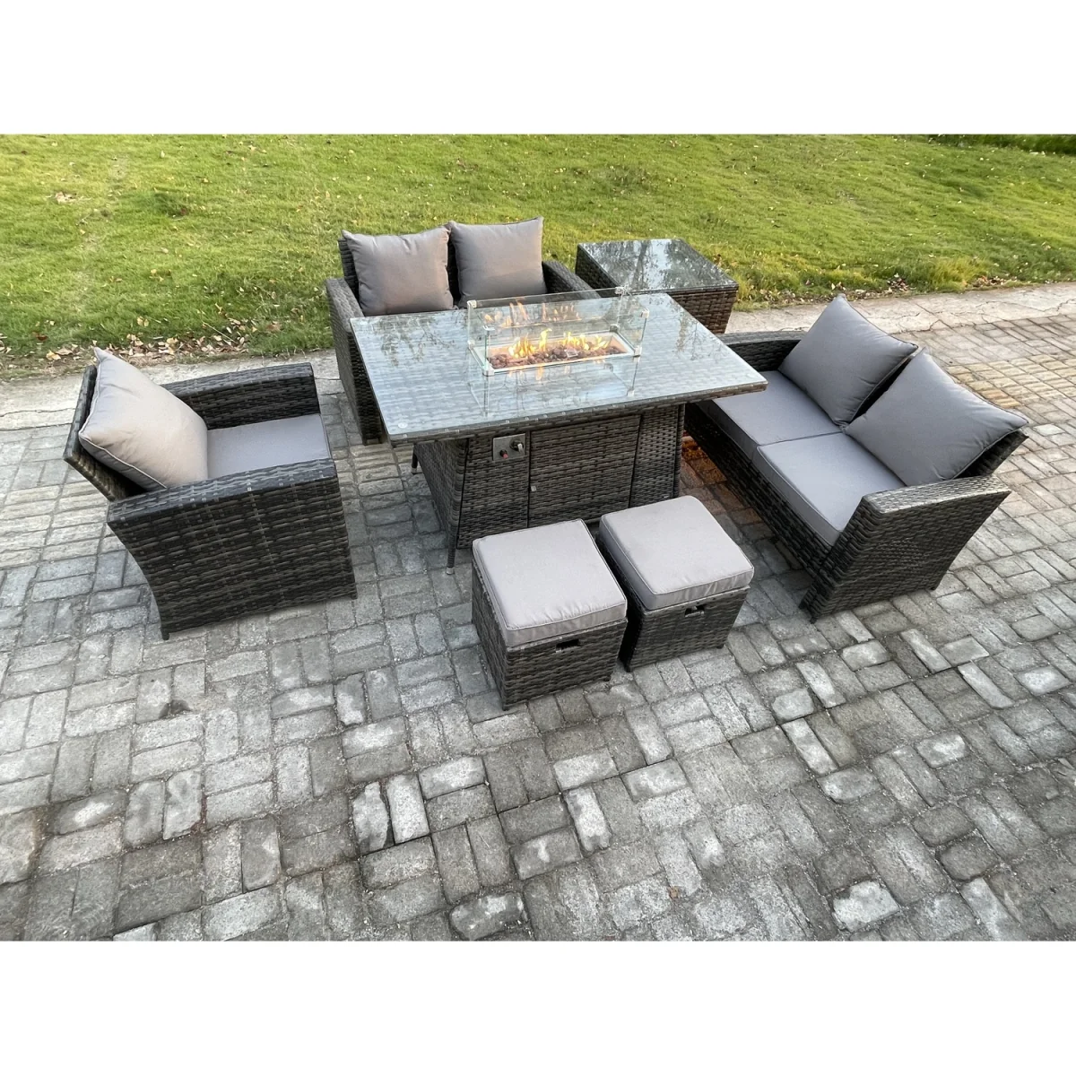 Fimous 7-Seater Rattan Outdoor Sofa Set with Gas Fire Pit Dining Table Dark Mixed Grey - Dark grey mixed rattan with dark grey fabric – image 3