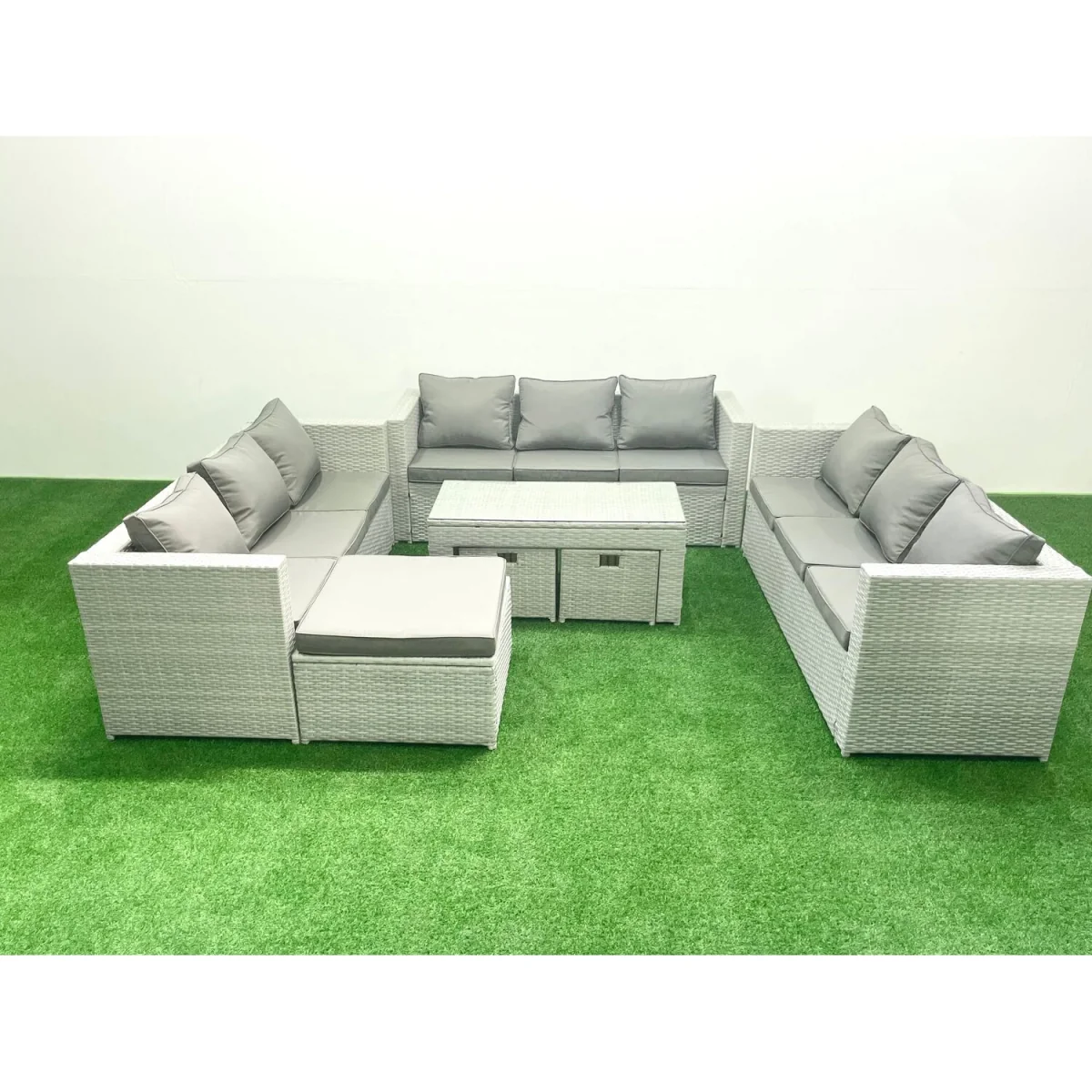 Fimous 12-Seater Light Grey Mixed Rattan Garden Sofa Set with Oblong Glass Table - Light Grey Mixed – image 5