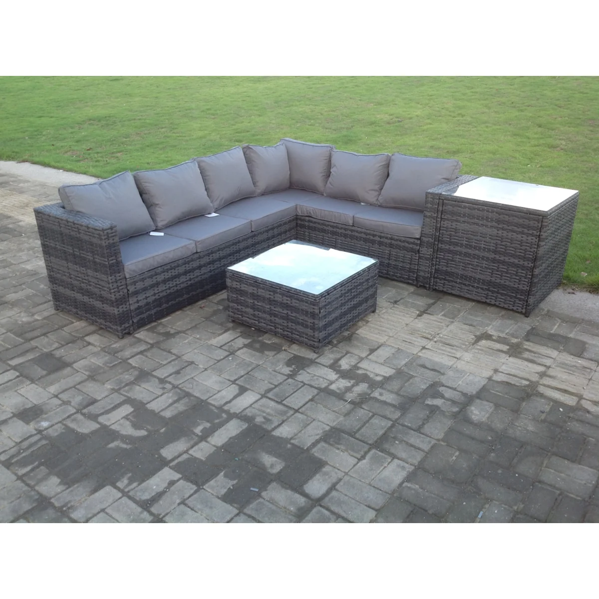 Rattan Corner Sofa Set Garden Furniture Coffee Tall Table - Dark Grey Mixed – image 2
