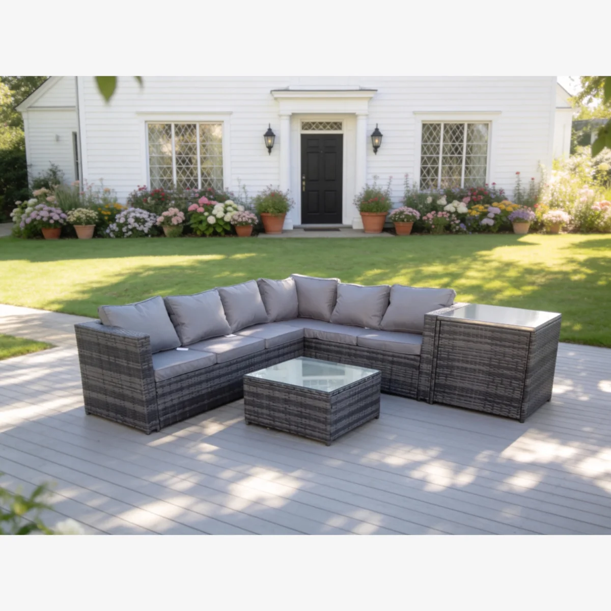 Rattan Corner Sofa Set Garden Furniture Coffee Tall Table - Dark Grey Mixed – image 1