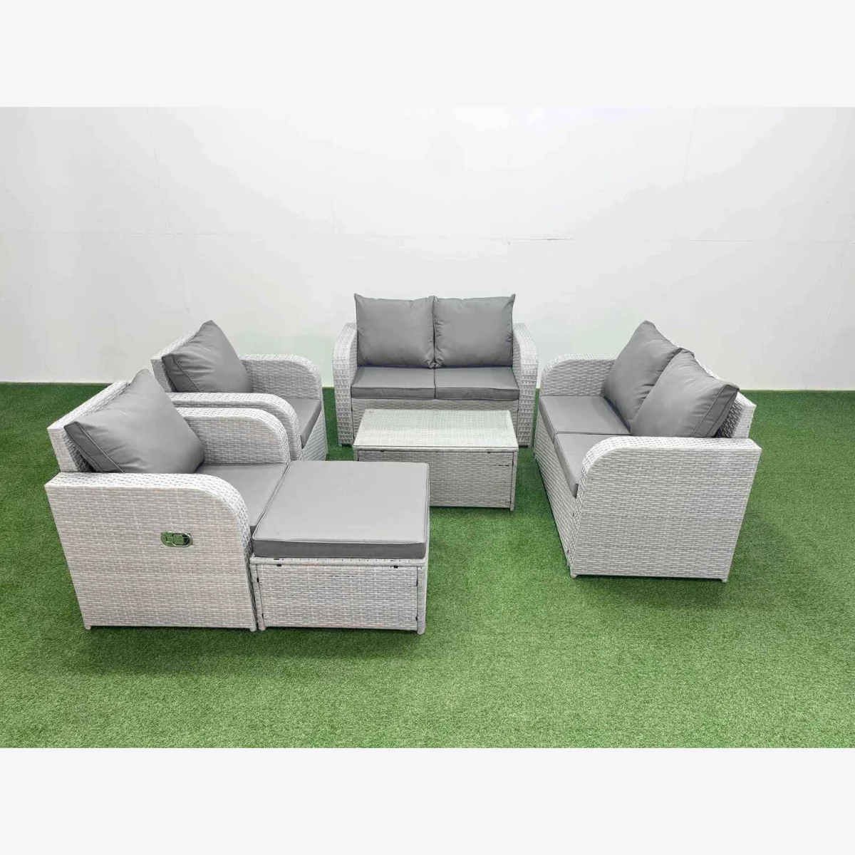 Fimous 7-Seater Reclining Rattan Garden Sofa Set with Tempered Glass Table Light Grey - Light Grey – image 1