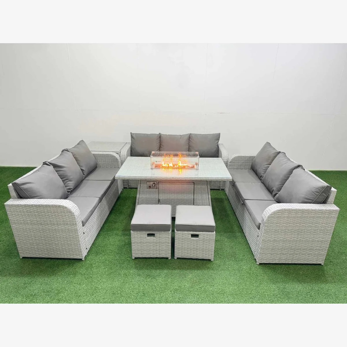 Fimous 11-Seater PE Rattan Outdoor Sofa Set with Firepit Dining Table, Light Grey - Light Grey – image 1