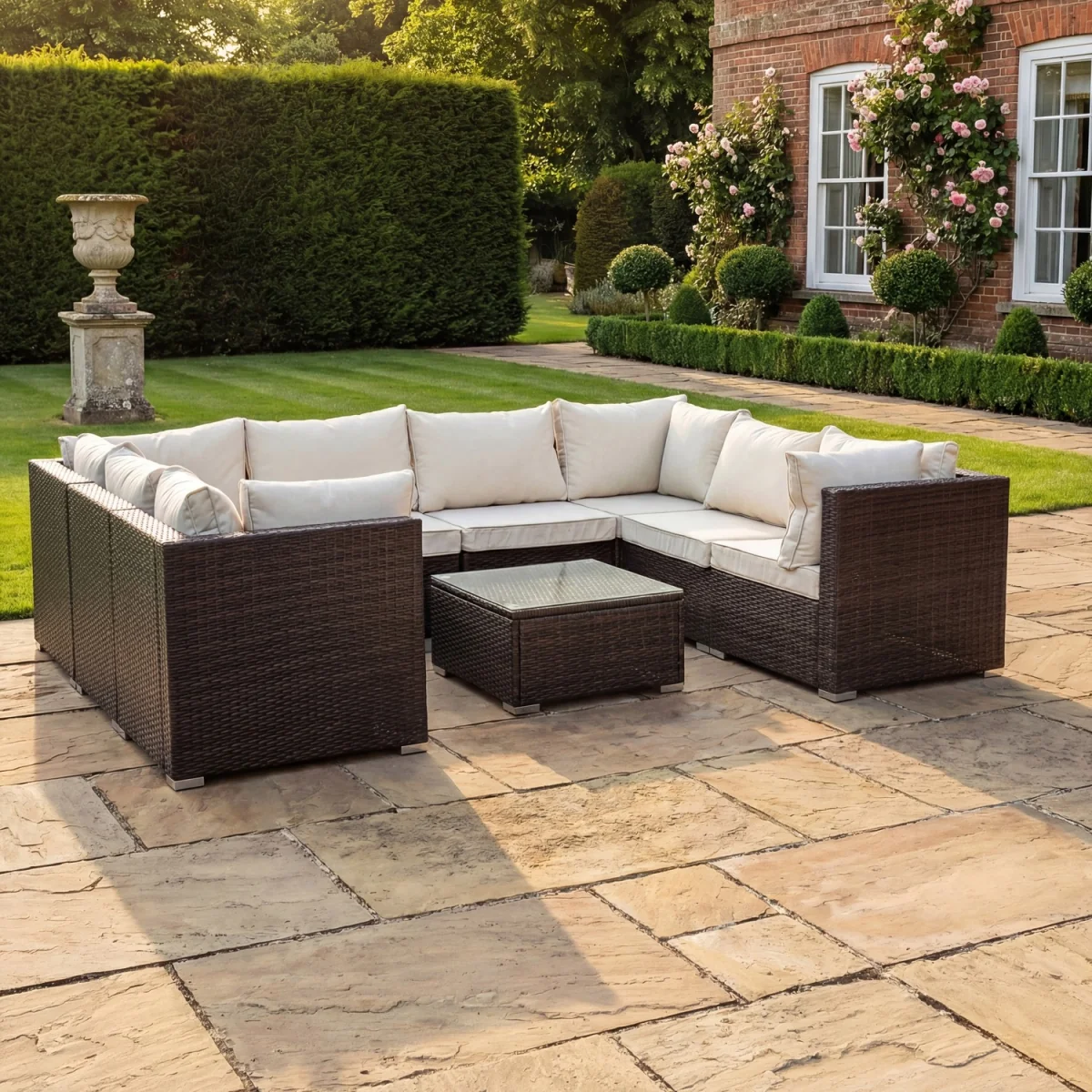 Oliena 7 Piece Modular Rattan Small U-Shape Garden Furniture - Cream on Brown