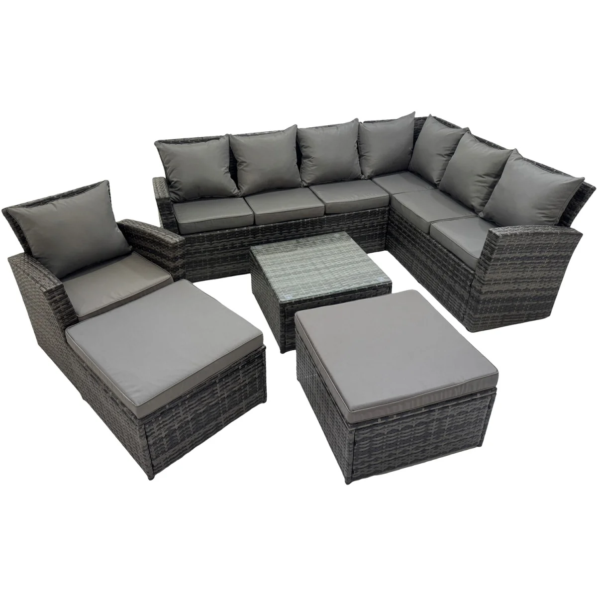 Fimous 9-Seater Rattan Outdoor Sofa Set with Coffee Table, Chair & 2 Footstools - Dark Grey Mixed - Dark Grey Mixed – image 3