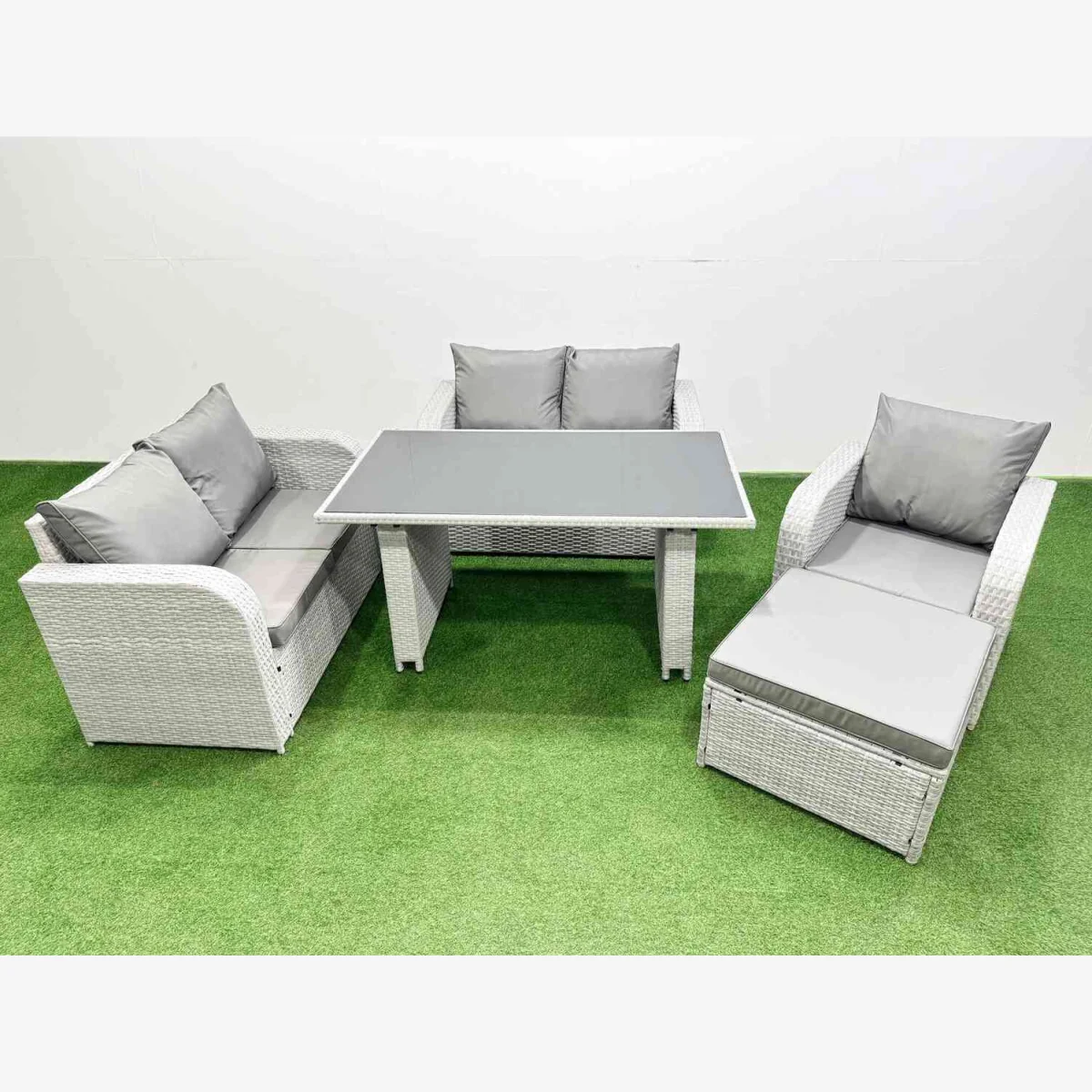Fimous Outdoor 6-Seater PE Rattan Sofa Set with Dining Table Light Grey - Light grey rattan with dark grey fabric – image 1