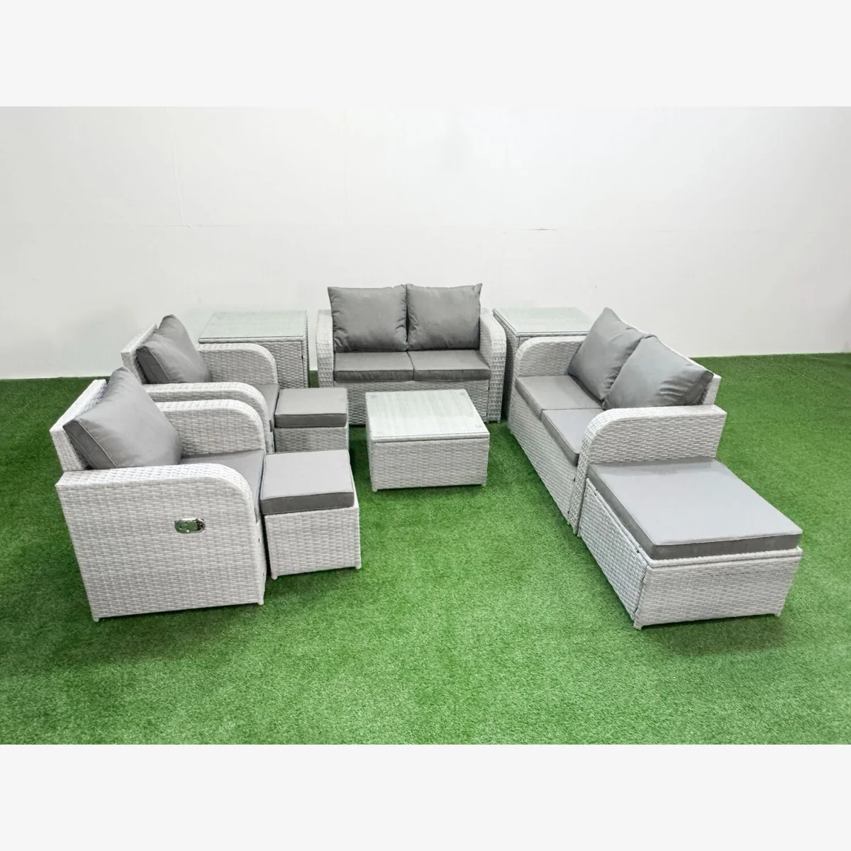 Fimous 9-Seater Outdoor Reclining Rattan Sofa Set with Coffee Table Light Grey - Light grey rattan with dark grey fabric – image 1