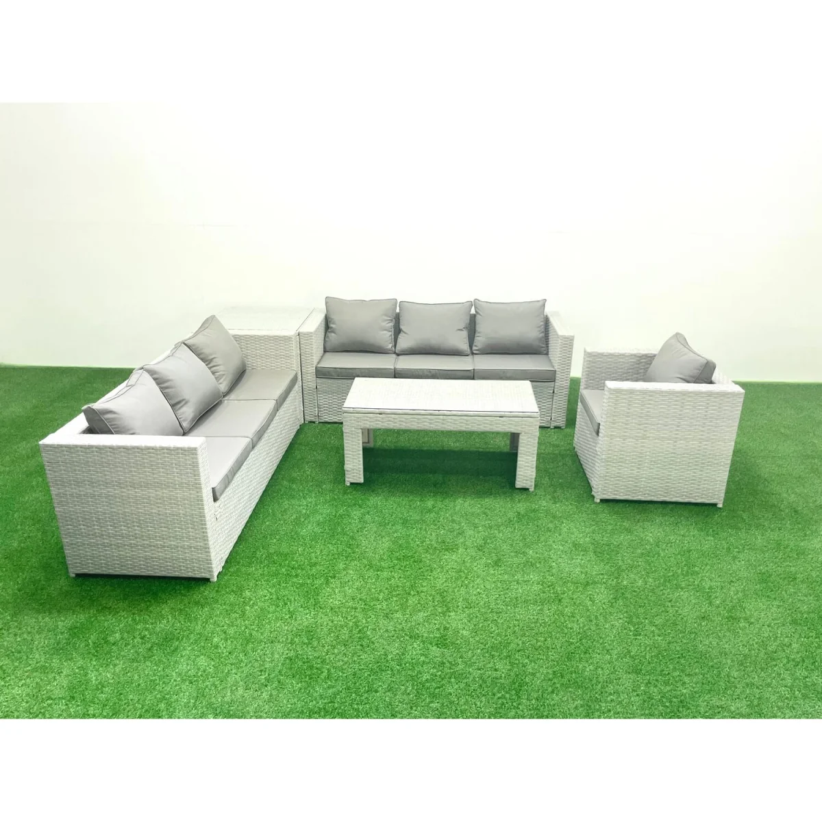 Fimous 7-Seater PE Rattan Garden Sofa Set with Oblong Coffee Table, Light Grey Mixed - Light grey mixed rattan with dark grey fabric – image 5