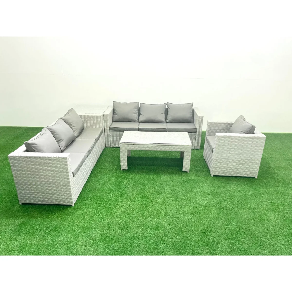 Fimous 7-Seater PE Rattan Garden Sofa Set with Oblong Coffee Table, Light Grey Mixed - Light grey mixed rattan with dark grey fabric – image 1