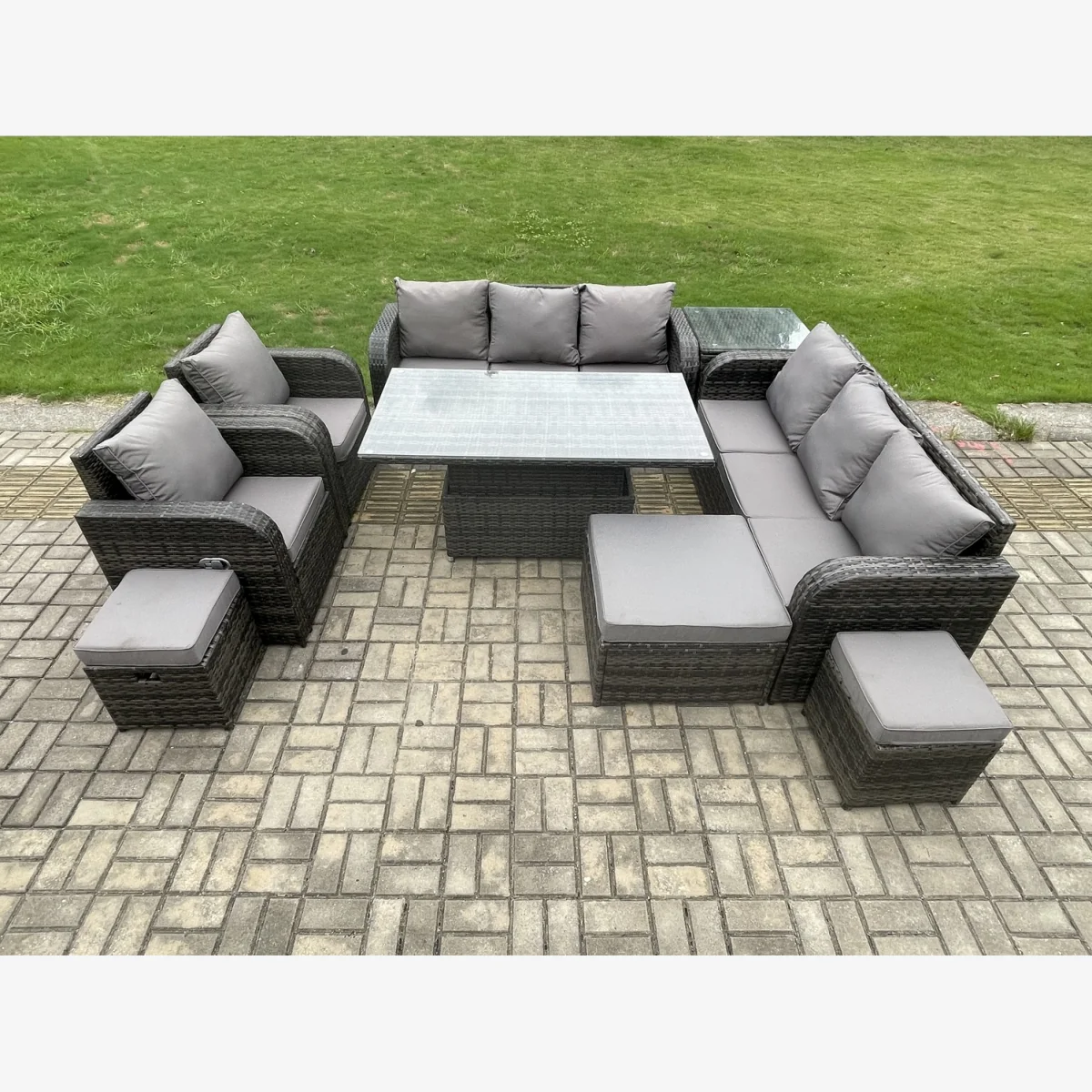 Fimous PE Rattan Outdoor Garden Sofa Set with Height-Adjustable Rising Table. - Dark Grey – image 1