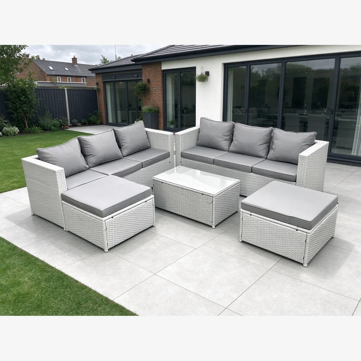 8-Seater PE Rattan Garden Sofa Set with 2 Large Stools Tempered Glass Table