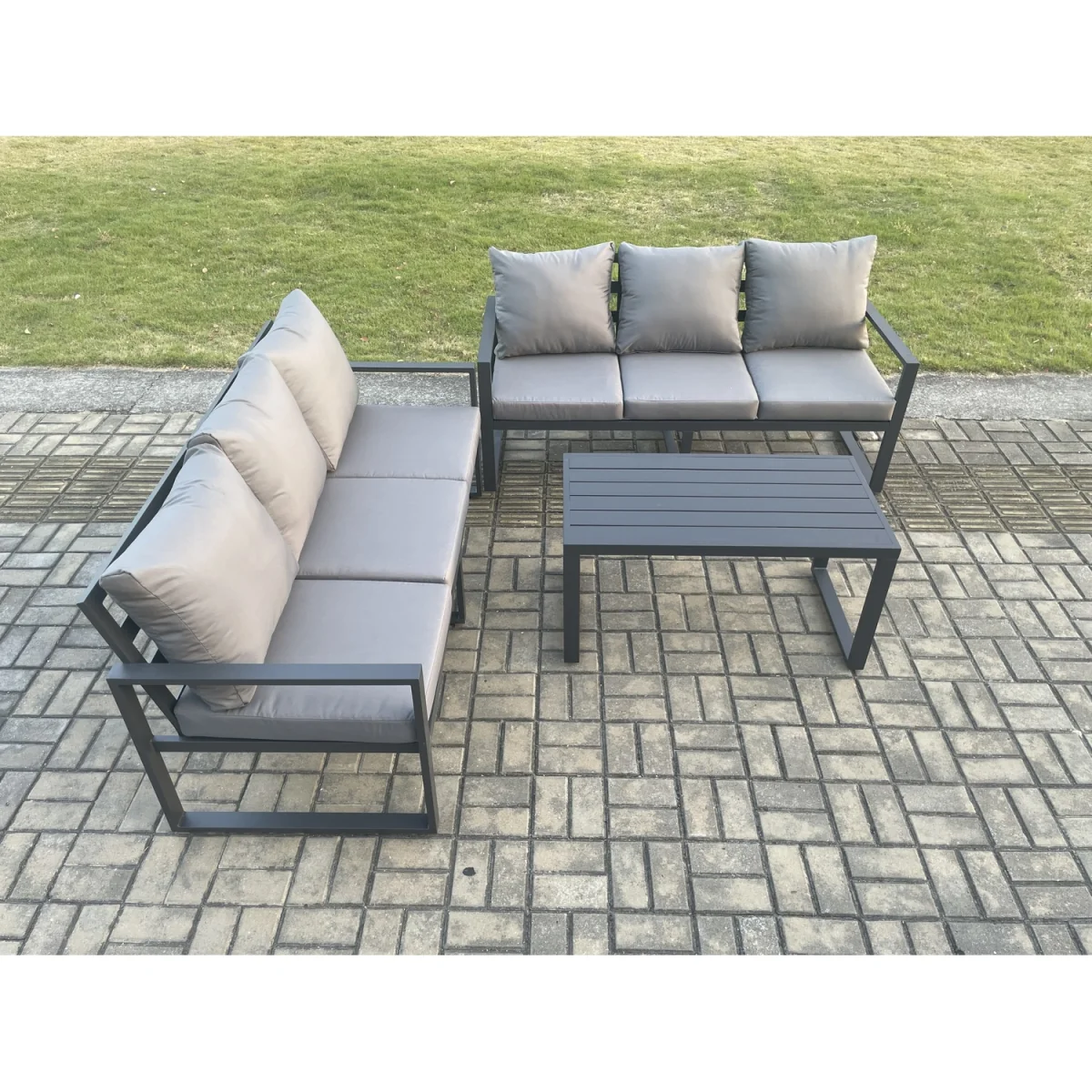 Fimous 3-Piece Aluminium Outdoor Garden Lounge Sofa Set with Oblong Coffee Table - Dark Grey. - Dark grey powder coated with dark grey fabric – image 5