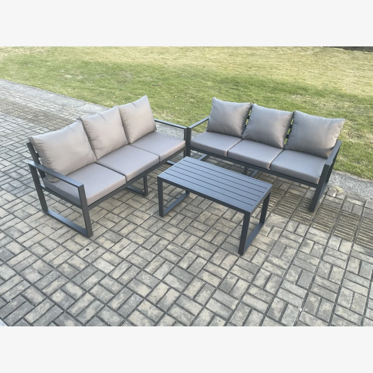 Fimous 3-Piece Aluminium Outdoor Garden Lounge Sofa Set with Oblong Coffee Table - Dark Grey. - Dark grey powder coated with dark grey fabric – image 1