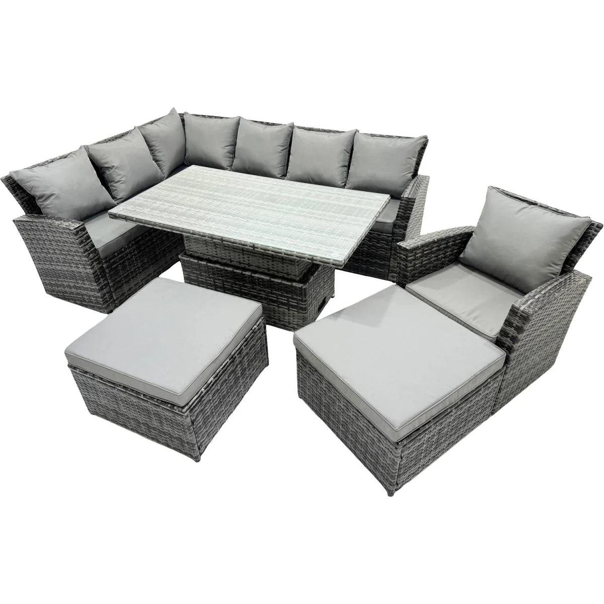 Fimous PE Rattan Outdoor Corner Sofa Set with Adjustable Table, 2 Stools & Chair - Dark Grey Mixed – image 2