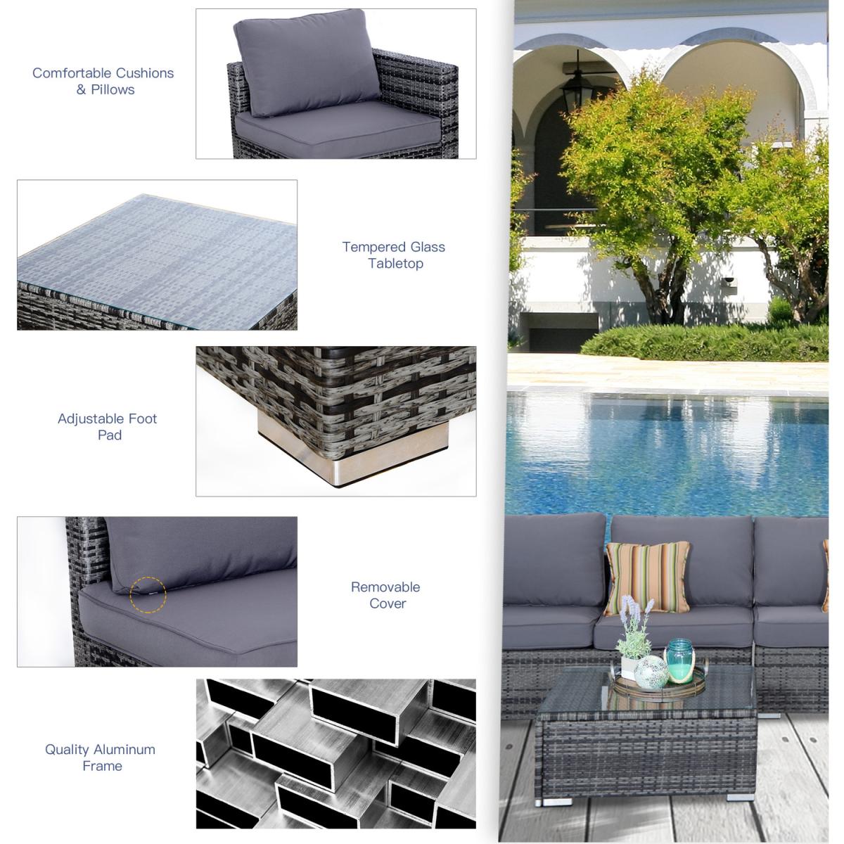 4 Pieces Rattan Furniture Set Sofa Chair Coffee Table - Grey – image 4