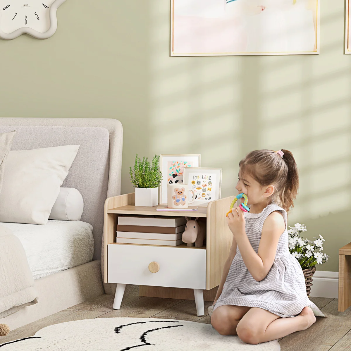 AIYAPLAY Kids Bedside Table with Drawer and Open Storage Shelf, White - White – image 1