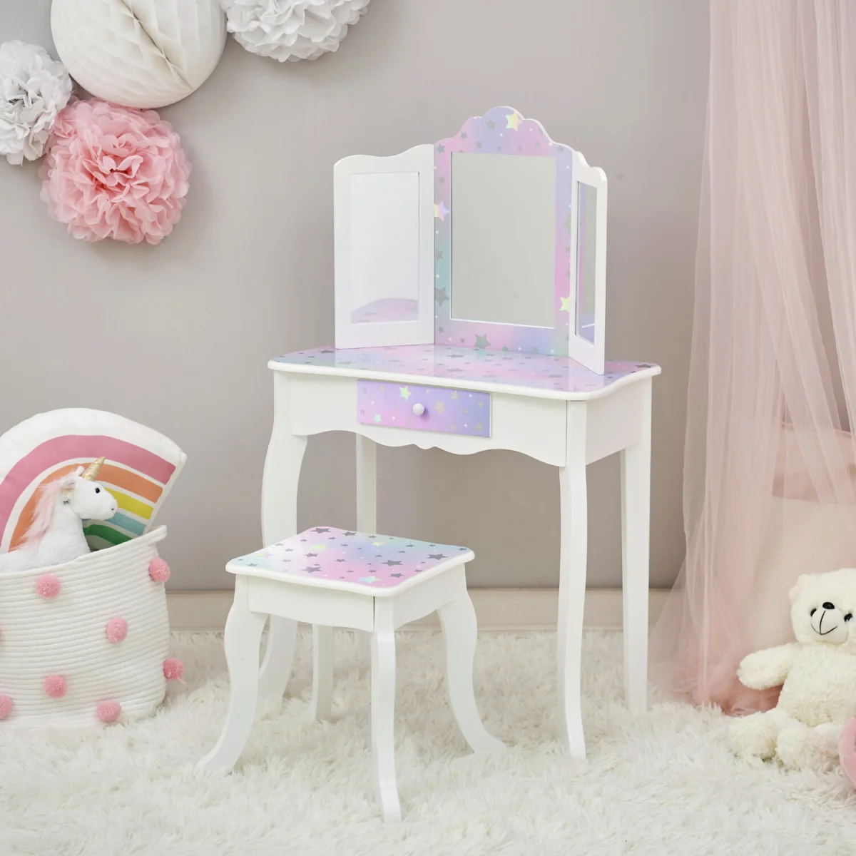Kids Vanity Table & Stool with Tri-Fold Mirror and Drawer - White – image 2