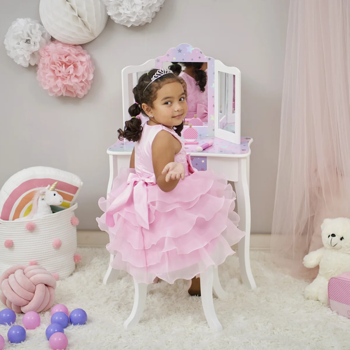 Kids Vanity Table & Stool with Tri-Fold Mirror and Drawer - White – image 3